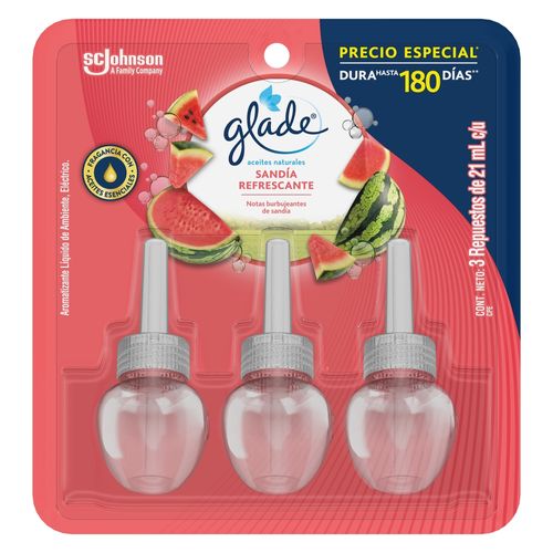 Aromatizante Glade Aceites Naturales Sandía Refrescante 3 Repuestos - 63 ml