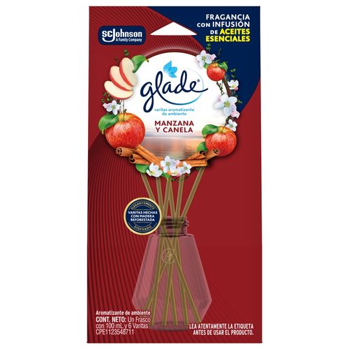 Aromatizante Glade Varitas Manzana Canela Frasco con 100 ml y 6 Varitas