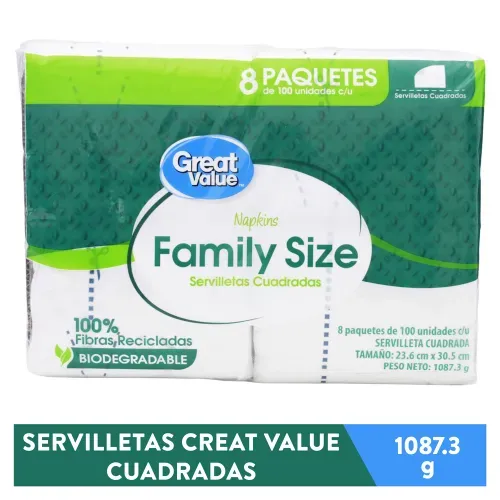 Servilletas Great Value Cuadradas - 8 Paquetes de 100 Unidades