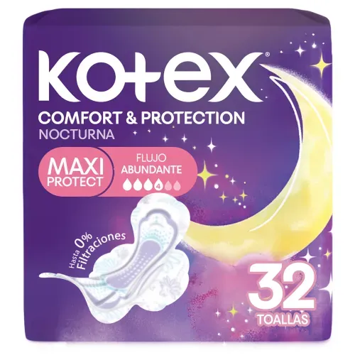 Toallas Femeninas Kotex Nocturna Maxi Comfort & Protección - 32 Unidades