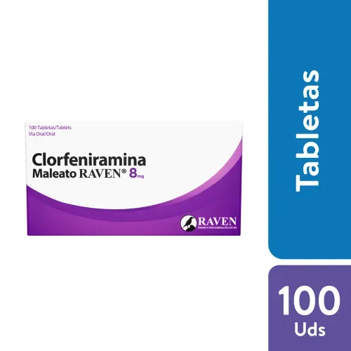 Clorfeniramina Raven 8 Mg caja 100 comprimidos - Precio indicado por comprimido