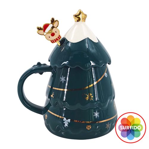 Taza Holiday Time cerámica con tapa diseño pino Navidad