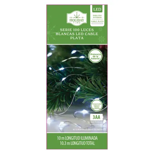Luces LED Holiday Time blancas con alambre y batería incluida Navidad serie de 100 luces