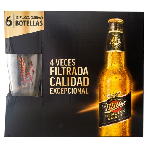 6 Pack Cerveza Miller Genu Draft + Vaso -355ml