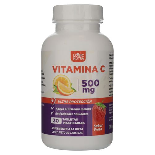 Tabletas masticables Vitamia C sabor fresa 500 mg frasco 30 tabletas - Precio indicado por frasco