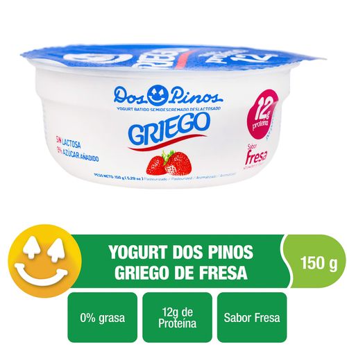 Yogurt Dos Pinos Griego Sabor Fresa Semidescremado Sin Lactosa 0% Azúcar Añadido  - 150 g