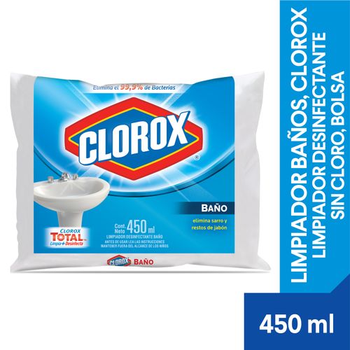 Limpiador Baños Clorox, Limpiador Desinfectante Sin Cloro, Bolsa - 450ml