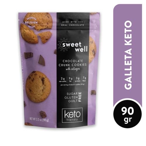 Galletas Sweetwell Con Trozos De Chocolate Con Colágeno 90G. Keto, Sin Azúcar, Sin Gluten