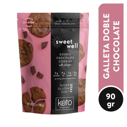 Galletas Sweetwell Doble Chocolate Con Colágeno 90G. Keto, Sin Azúcar, Sin Gluten