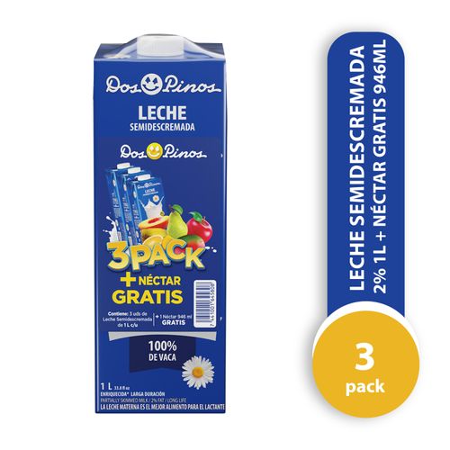 Leche Dos Pinos semidescremada 3 pack más néctar gratis de 946 ml - 3. 94 L