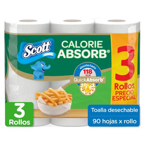 Toalla De Papel Desechable Scott Calorie Absorb 90 Hojas - 3 Rollos