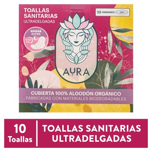 Toallas Sanit Aura Organic Cot Noct 10ea