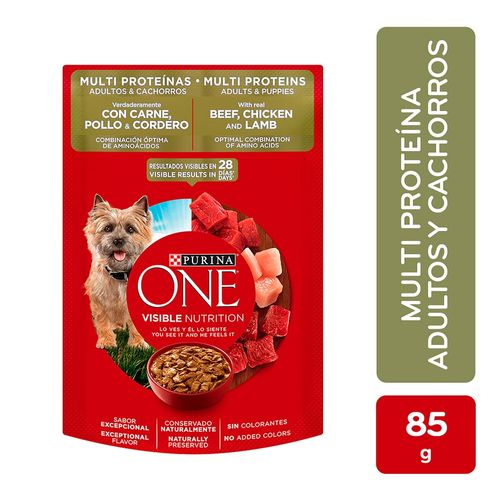 Comida húmeda para perros cachorros y adultos sabor a Carne, Pollo y Cordero Purina One 85 g