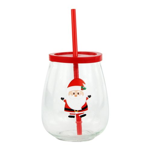 Vaso vidrio Holiday Time con tapa y pajilla Navideño