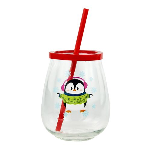 Vaso vidrio Holiday Time con tapa y pajilla Navideño