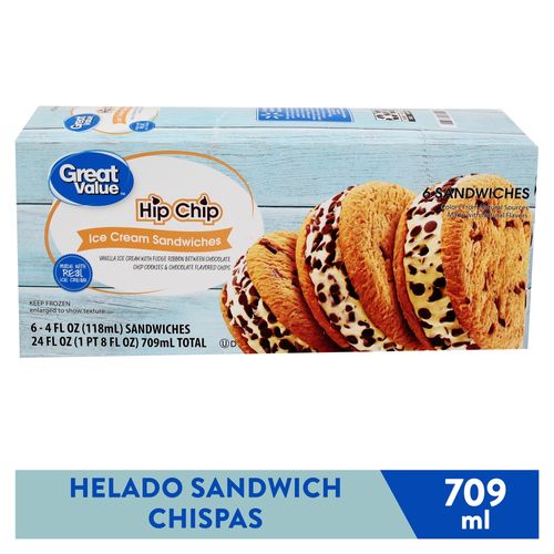 Sándwich de helado Great Value con chispas de chocolate 6 Uds - 709 ml