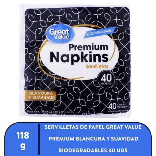Servilletas Great Value de Papel Premium Blancura y Suavidad Biodegradables 40 Unidades - 118 g