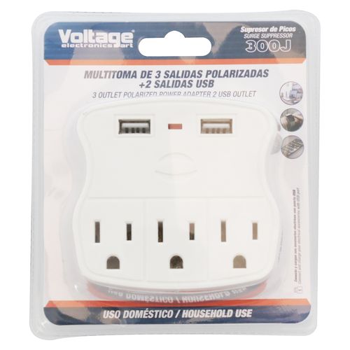 Enchufe Multiple Voltage de 3 salidas y 2 puertos USB