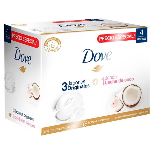 4 Pack Jabón Dove 3 Original + 1 Coco -90gr