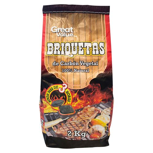 Carbón vegetal Great Value briquetas 100% natural bolsa - 2 kg