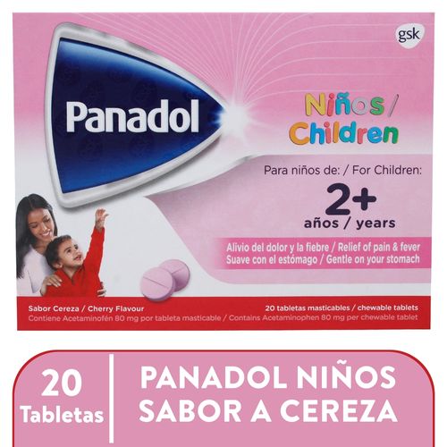 Analgésico Acetaminofén, Panadol Niños Sabor Cereza Masticables, Caja 20 Tabletas