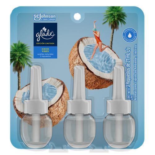 Aromatizante Glade Coco Vibes Aceites Naturales 3 Repuestos 63 ml