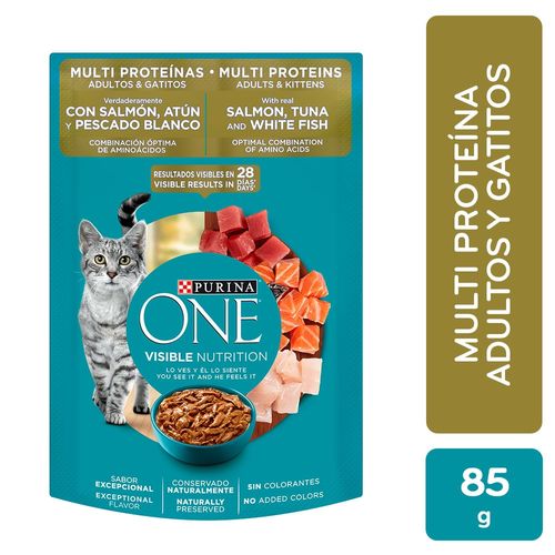 Comida para Gatitos y gatos adultos Purina One sabor a Salmón, atún y pescado blanco 85 g