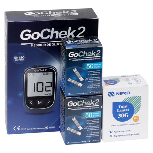 Kit de glucómetro Go chek 2 con 100 Tiras Reactivas y 100 Lancetas