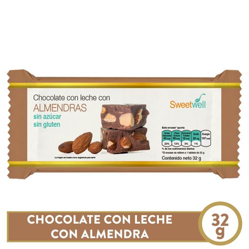 Chocolate Sweetwell leche con almendra sin azúcar ni gluten - 32 g
