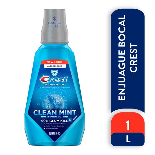 Enjuague bucal Crest Pro-Health, sin alcohol, multiprotección de menta limpia, -1 L