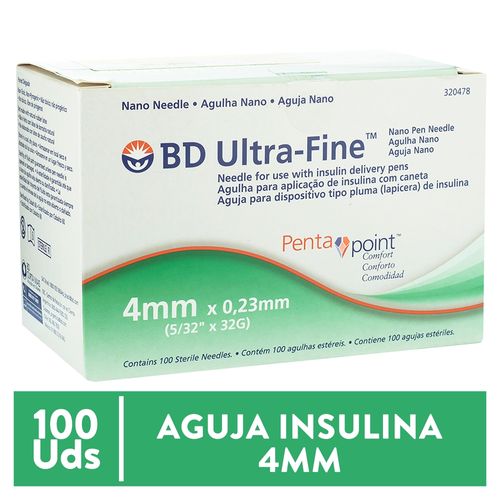 Aguja para aplicar insulina BD 4 x 0.23 mm - 100 Uds