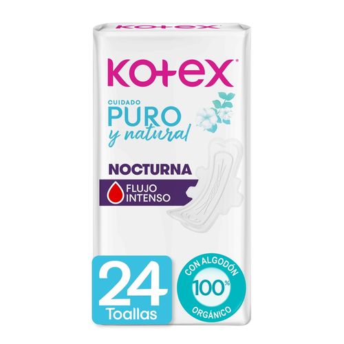 Toallas Femeninas Kotex Puro y Natural Nocturna - 24 Unidades